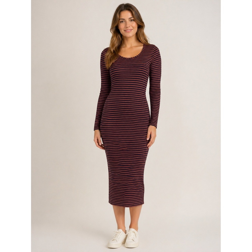 Marine Layer Lexi Striped Long Sleeve‎ Midi Dress S Navy Orange Bodycon Coastal